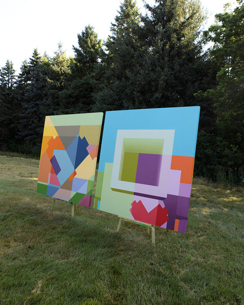 2018 - 60in Original Painting "Blue Triangle" - Love Metrix Solo Exhibition by Matthew Del Degan