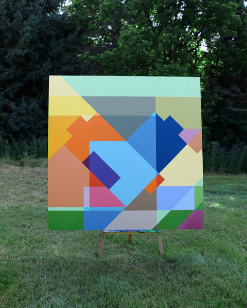 2018 - 60in Original Painting "Blue Triangle" - Love Metrix Solo Exhibition by Matthew Del Degan